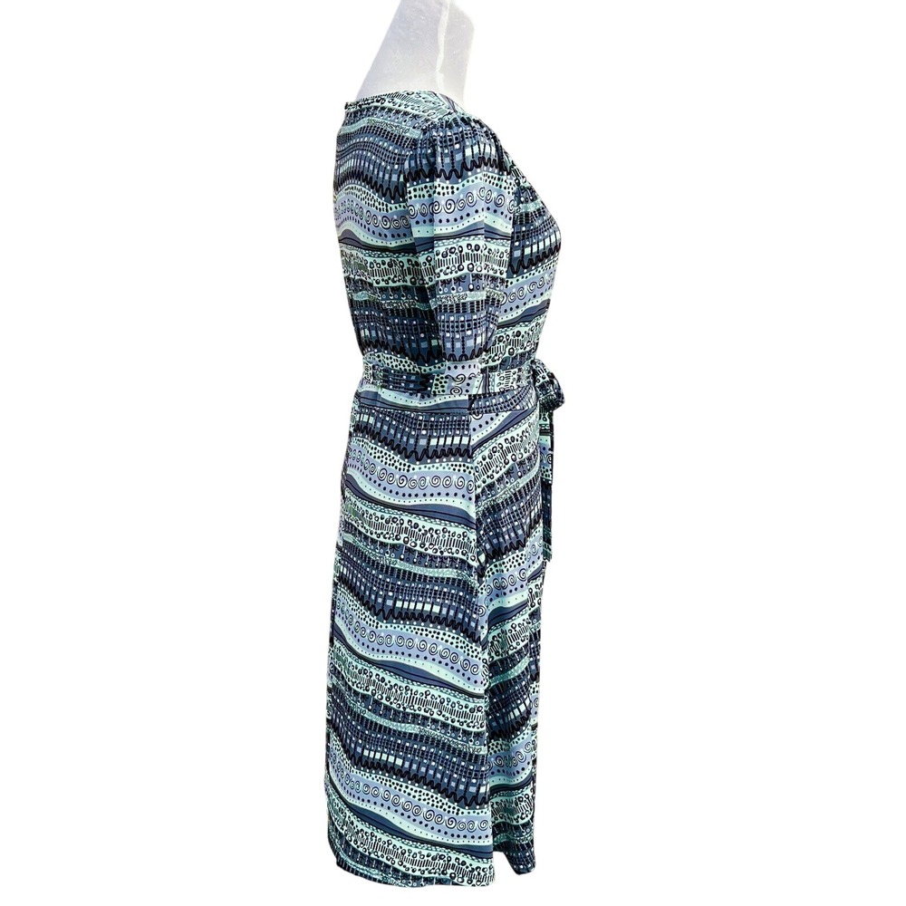 B Moss Vtg Dress Faux Wrap Abstract Stripe Gray Green Stretch Boho Chic Office - Picture 2 of 9